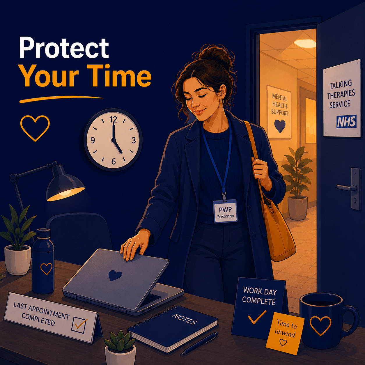 Female Psychological Wellbeing Practitioner closing her laptop at the end of the working day and leaving the office, illustrating healthy boundaries and work-life balance to prevent burnout.