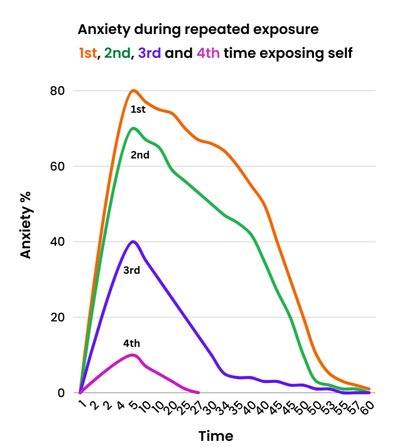 This graph shows how anxiety comes down over time and gets easier the more you face your fear