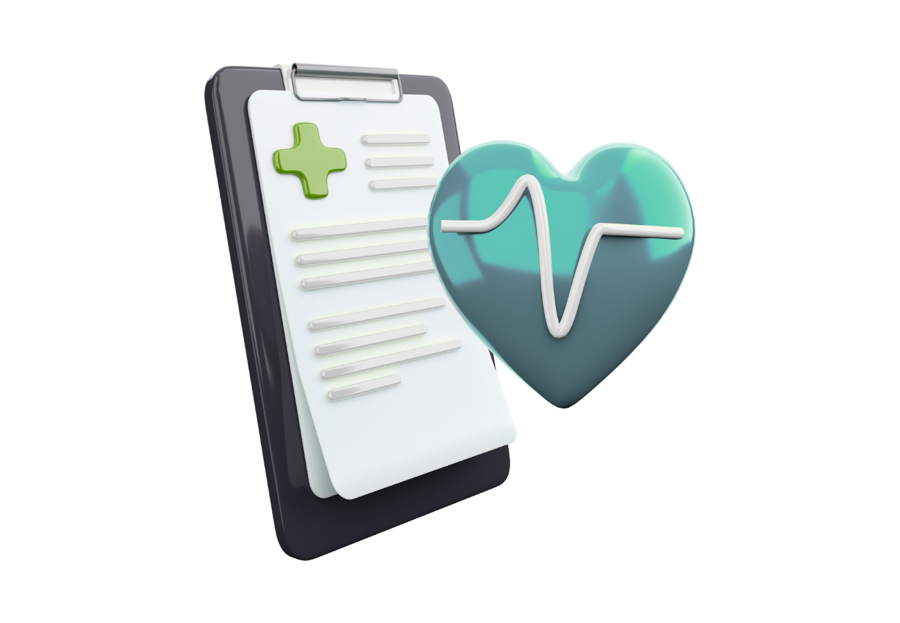 Smartphone mit medizinischem Dokument und grünem Pluszeichen, neben einem blauen Herz mit EKG-Linie