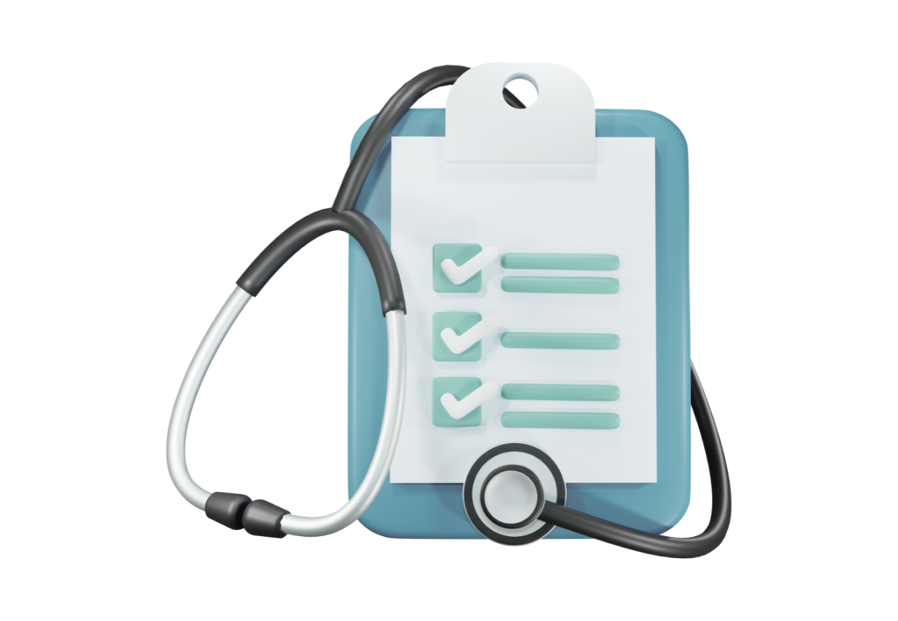 Checkliste mit Häkchen und Stethoskop vor Tablet