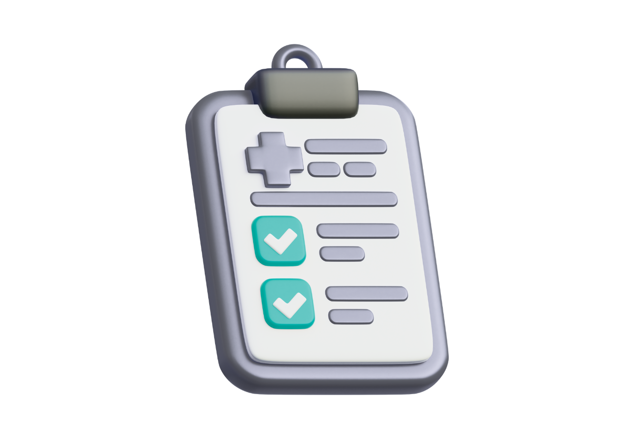 Symbolische Illustration einer medizinischen Checkliste auf einem Clip-Board mit Häkchen.