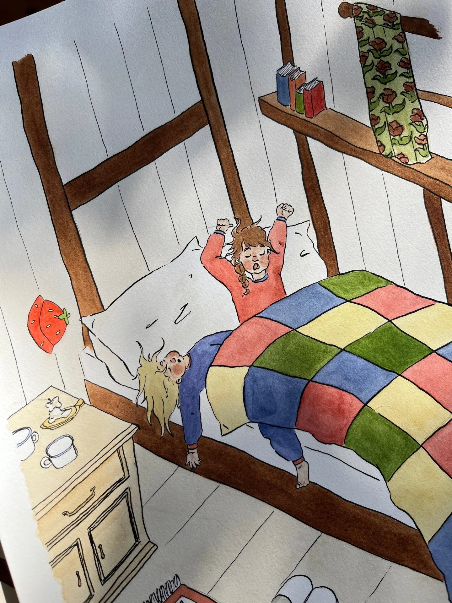 Pages 1 &amp; 2 

One of my favourites but also the most time consuming. I redrew and repainted these pages over and over as I decided on mediums, page layouts and blanket patterns, before finally settling on what is now a two page spread set in the 