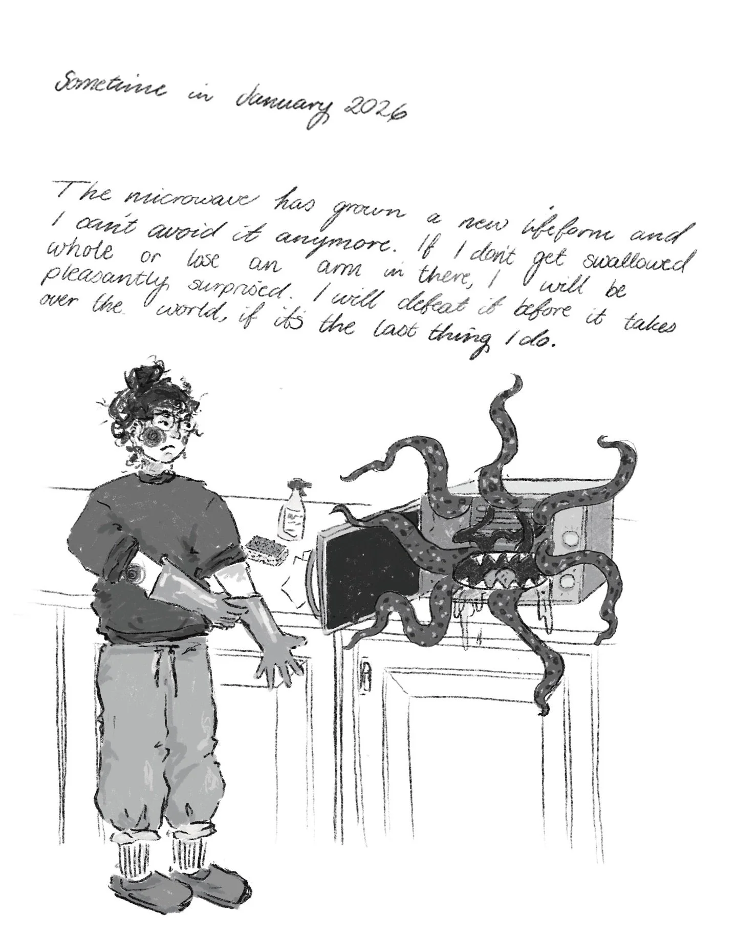 A well overdue Doodle Diary illustration, about the horrors of cleaning the microwave after forgetting about it for months 🦠🧫