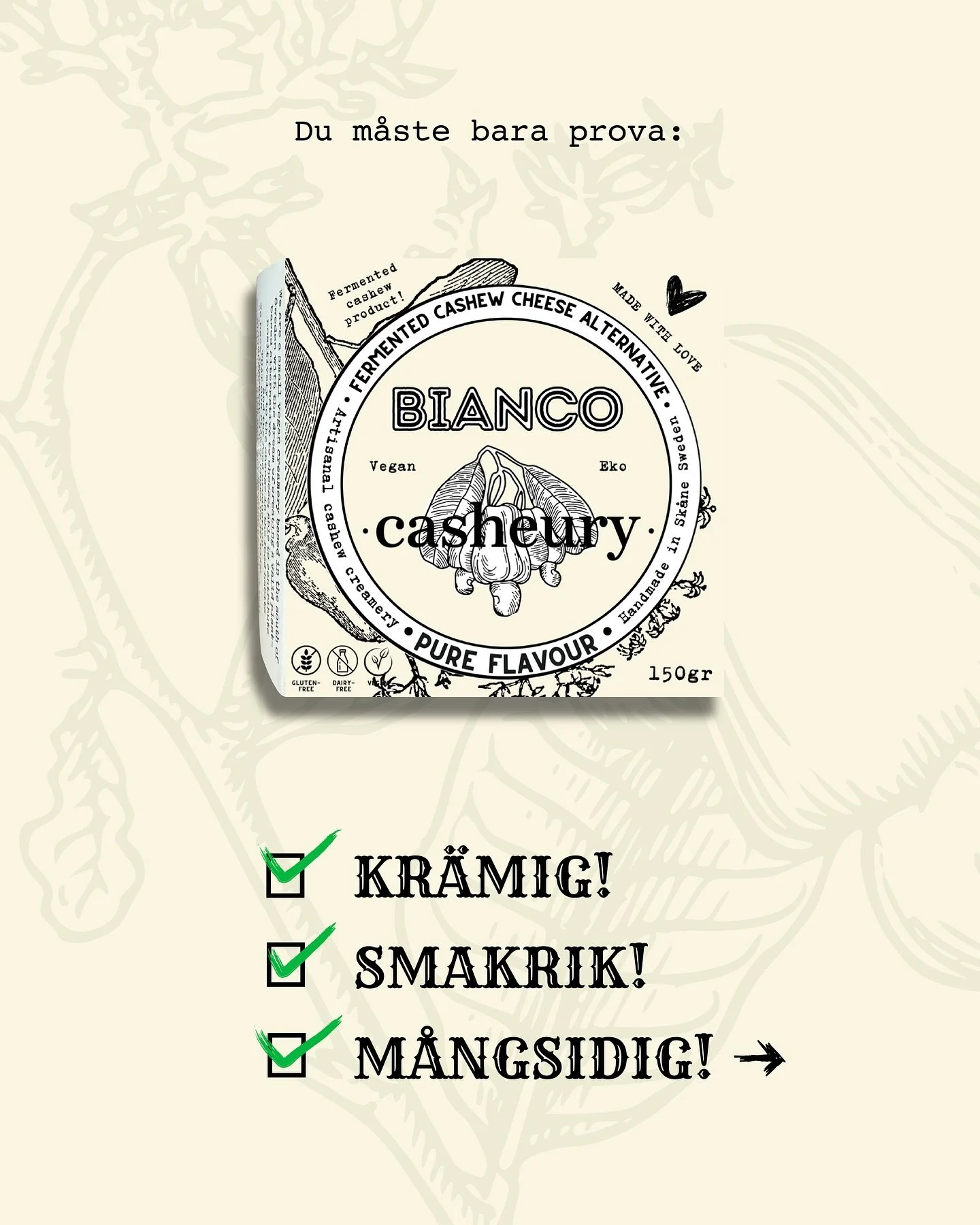 🇬🇧 English
🎶 The unsung hero — BIANCO.
Pure. Creamy. Cashew cheese magic.
Crumble it onto salads 🥗
Melt it on pizza 🍕
Layer it in lasagna 🍝
Stuff it in toasties 🥪
Top your burger 🍔
Whip it into pies 🥧
Smooth, versatile, and absolute