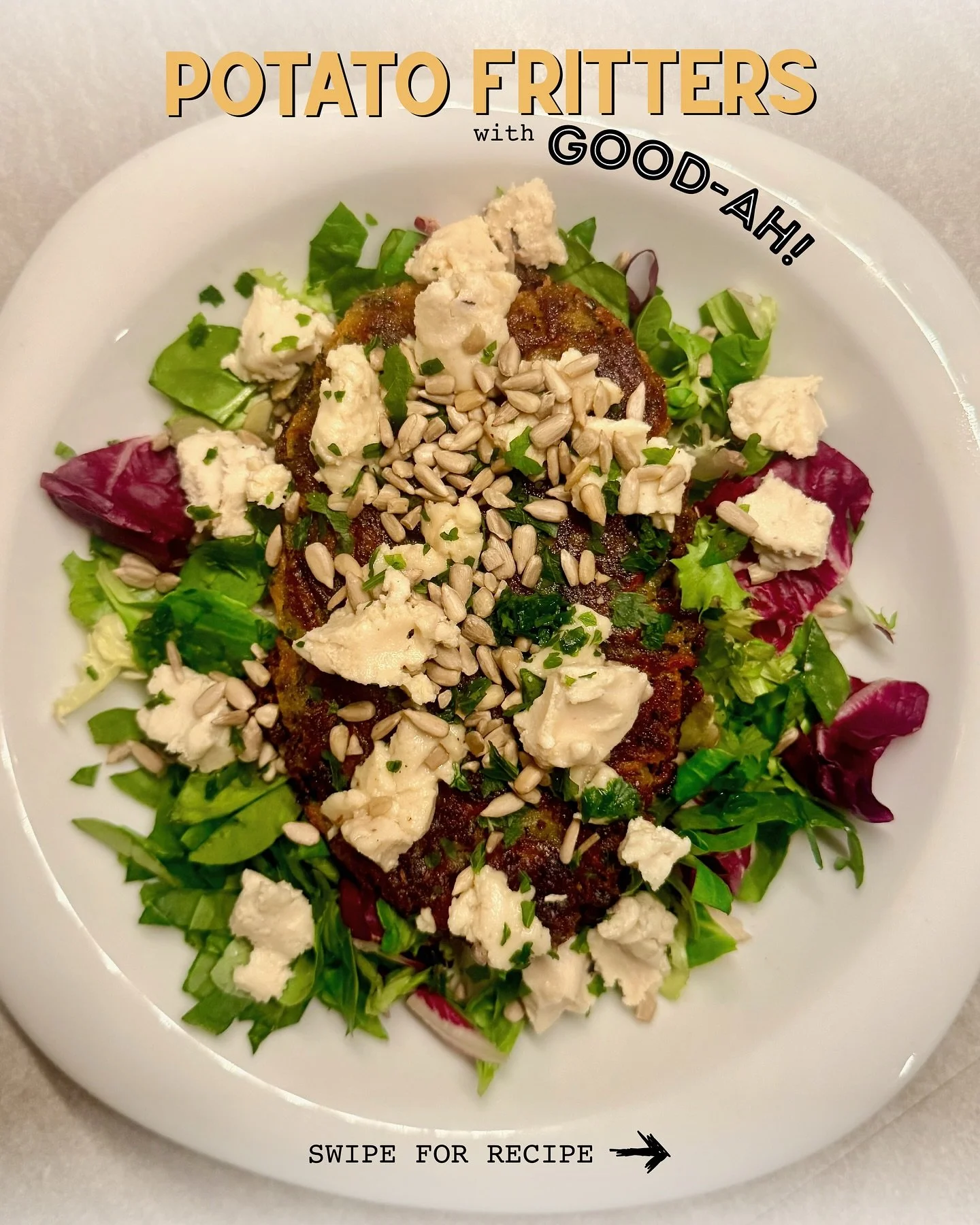 🇬🇧
Crispy, golden fritters made from potato, sweet potato, and sunflower seeds 🌱🔥
Finished with a crumble of our plant-based GOOD-AH cheeze for that rich, savoury hit.

&bull; Crunchy outside, soft inside
&bull; Whole-food ingredients
&bull; 100%