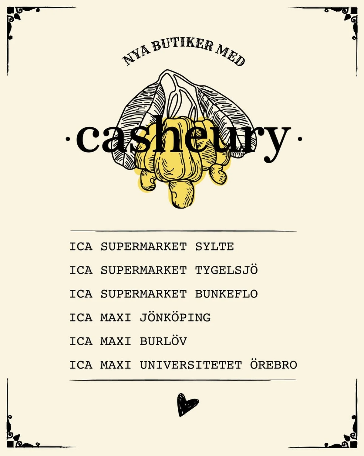 🇸🇪
Nyheter i butik! 🇸🇪🧀

CASHEURY finns nu i 6 nya ICA-butiker &ndash; vilket betyder att &auml;nnu fler orter i Sverige kan f&aring; tag i v&aring;ra gourmet cashew-ostar:

📍 Trollh&auml;ttan
📍 J&ouml;nk&ouml;ping
📍 &Ouml;rebro
📍 Tygelsj&ou