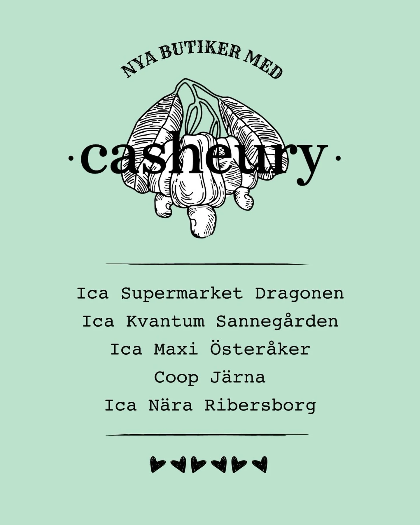 Five new shops joining the CASHEURY family. 💚

A warm welcome to:

&bull; ICA Supermarket Dragonen
&bull; ICA Kvantum Sanneg&aring;rden
&bull; ICA Maxi &Ouml;ster&aring;ker
&bull; Coop J&auml;rna
&bull; ICA N&auml;ra Ribersborg

We&rsquo;re growing 