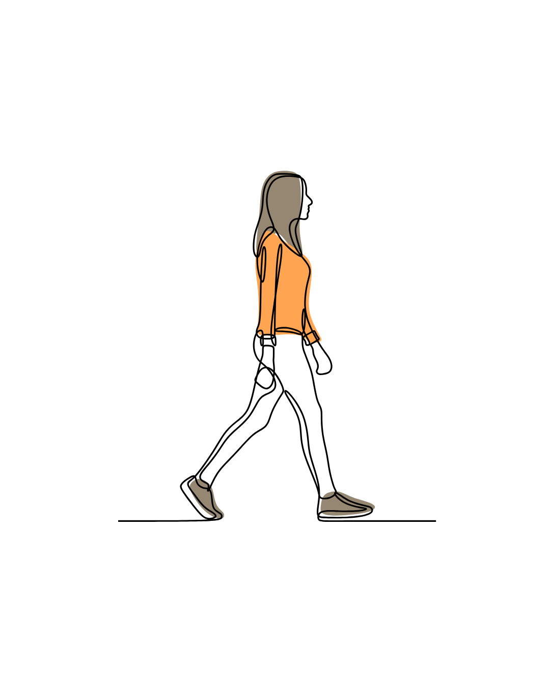 Illustration of a woman with gray hair, orange top, beige pants, and gray shoes, walking on a black background.