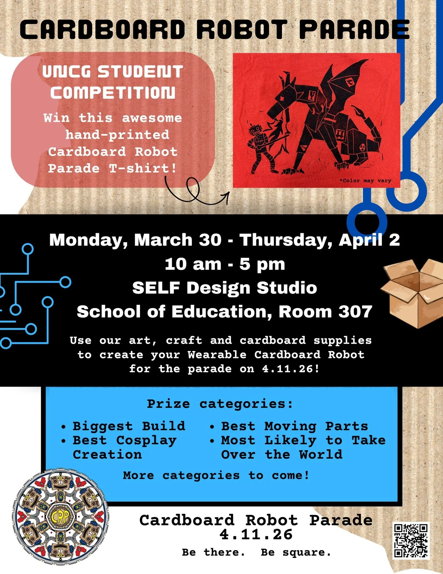UNCG students - don&rsquo;t miss your chance to create your wearable cardboard robot next week!  Win an awesome CRP shirt!  Be ready for the parade on 4.11.26!
