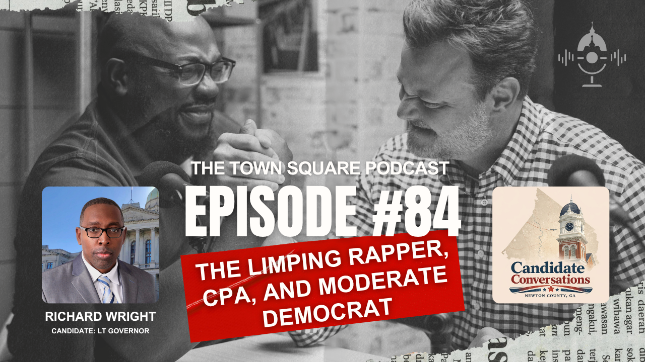 two men of different races arm wrestle, the town square podcast logo and episode title are present and there's an image of the guest on the show with another logo describing the episode series. logo is a traditional southern clock tower on court hous
