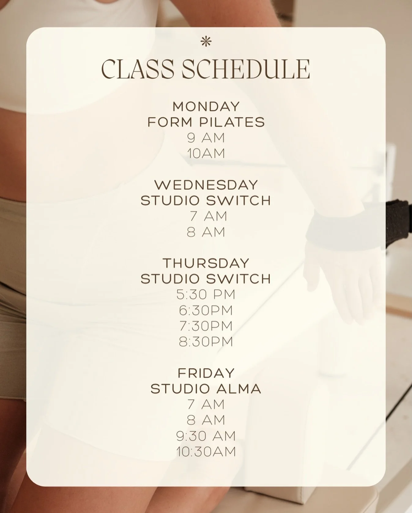 Where to find me for group classes✨ 

Here is my updated group class schedule, I&rsquo;m cutting back on classes to make room for 1:1 sessions. Message me for more details🤗