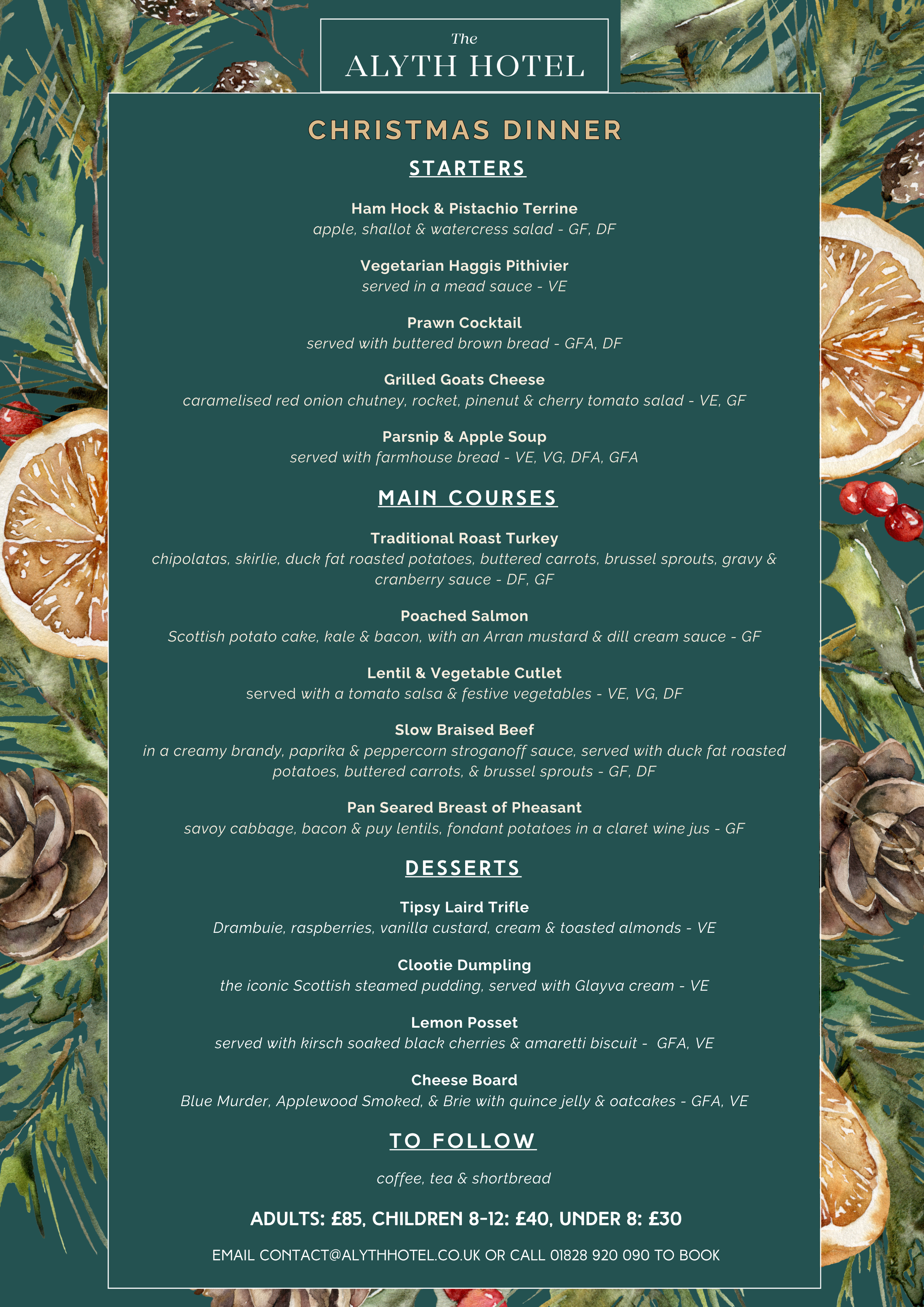 Christmas Day menu for The Alyth Hotel Blairgowrie Perthshire