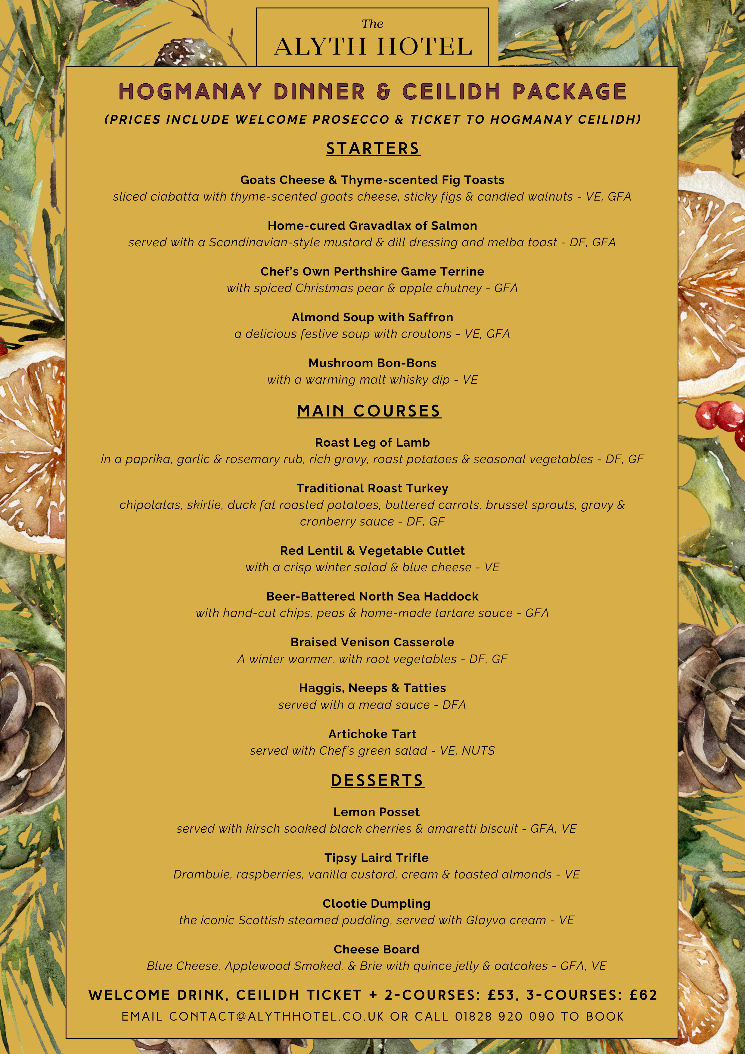 Hogmanay Ceilidh menu for The Alyth Hotel Blairgowrie Perthshire