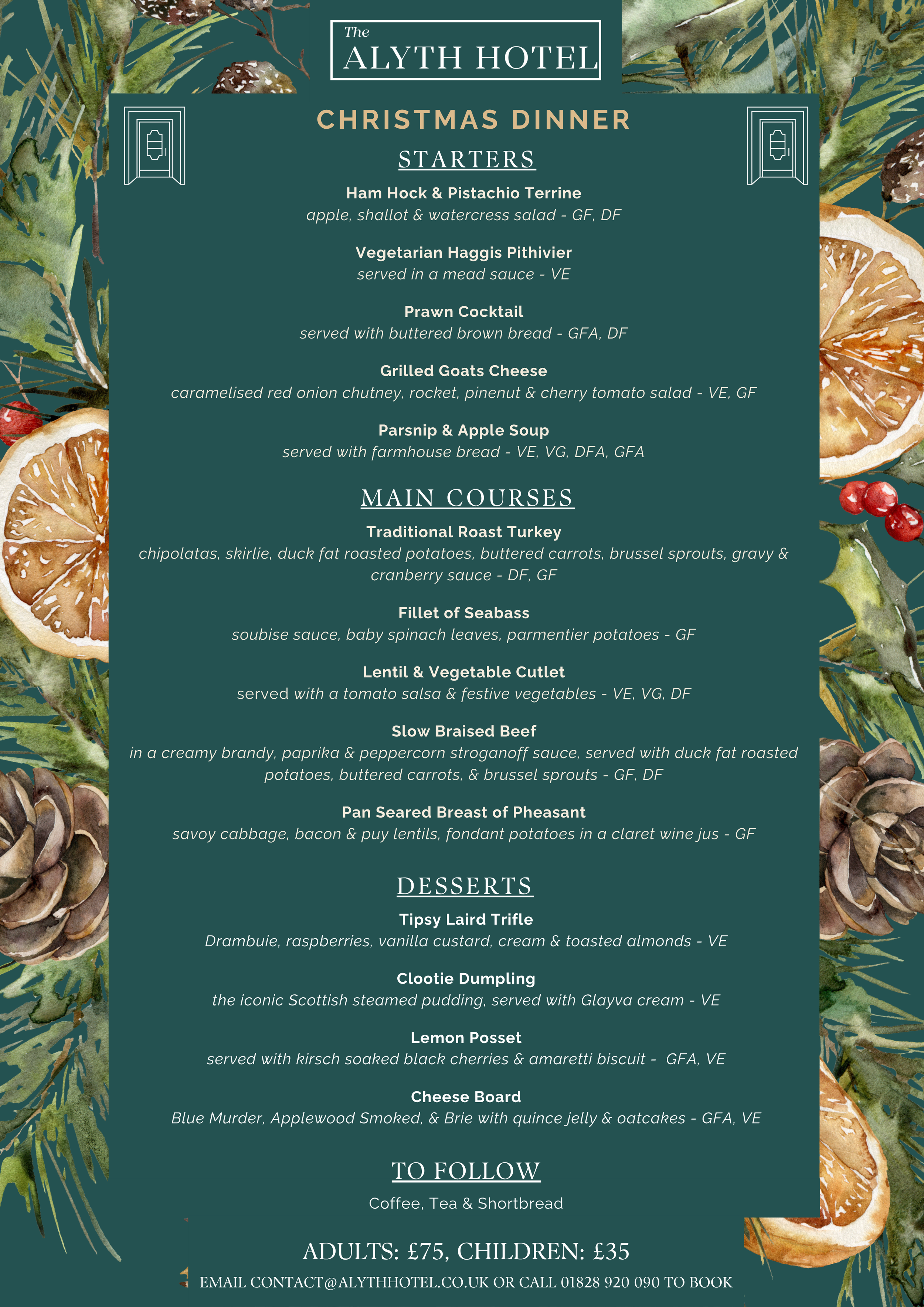 Christmas Day Menu at The Alyth Hotel Perthshire