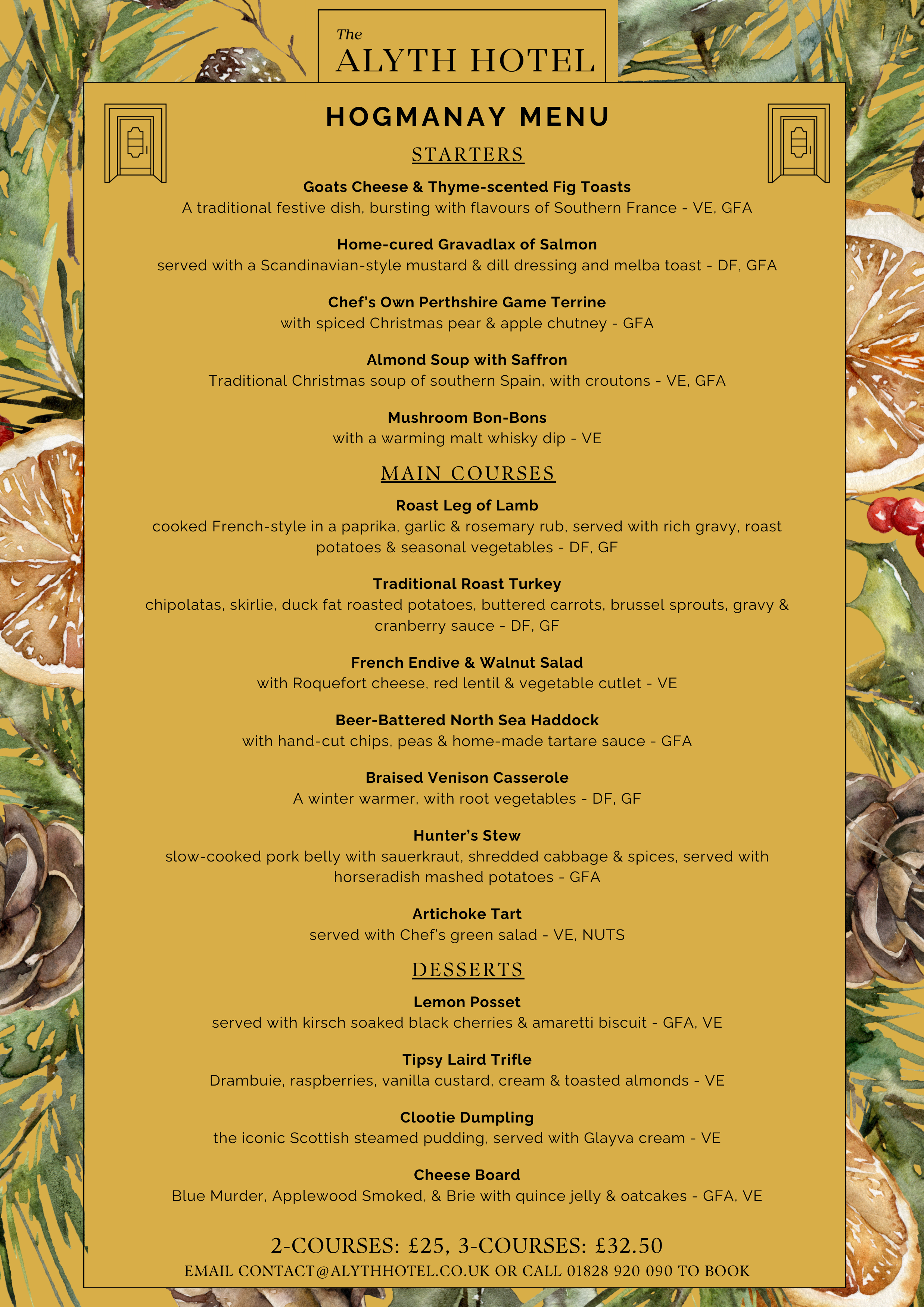Hogmanay Party Menu 2025 The Alyth Hotel Perthshire Scotland