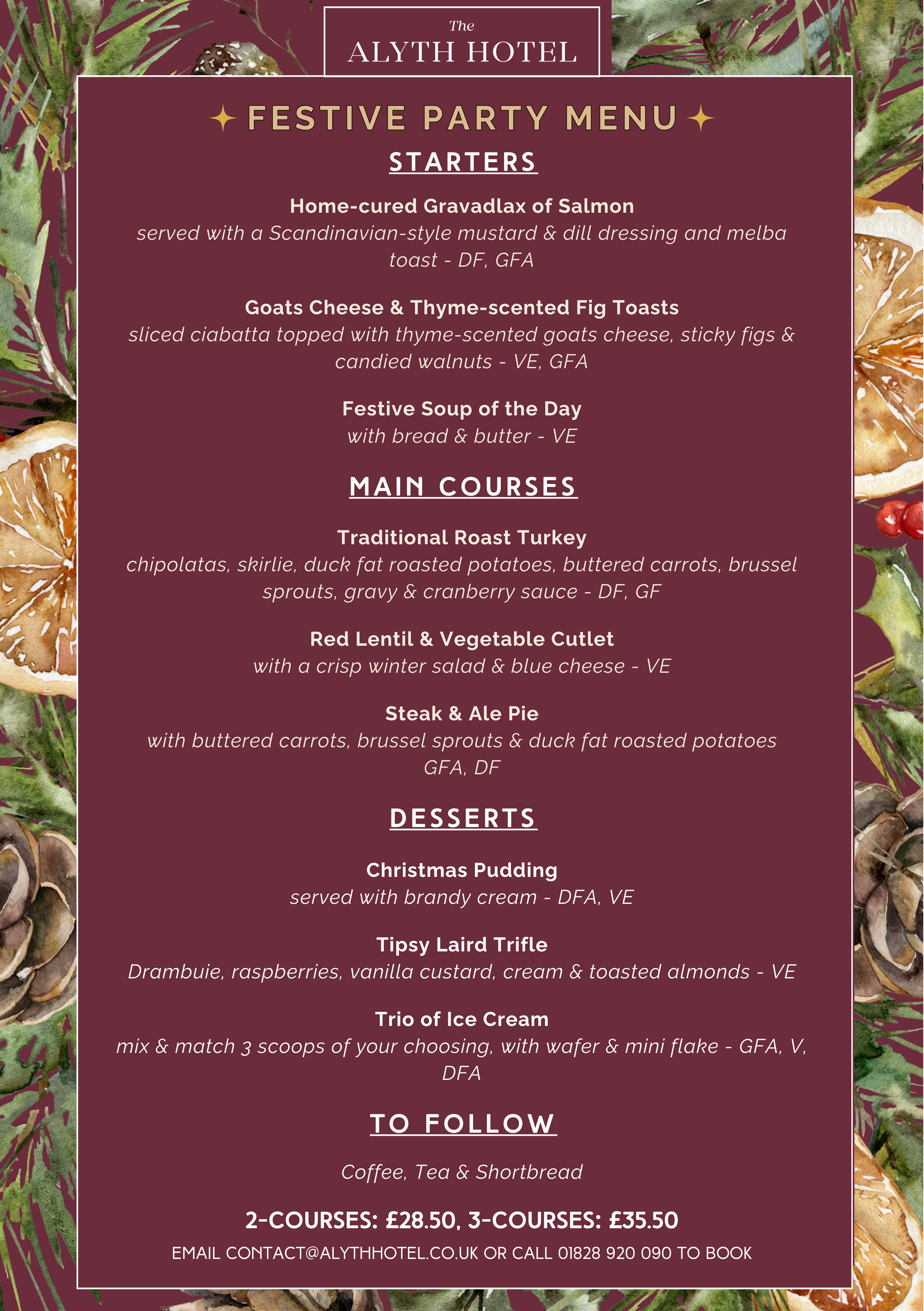 Festive party menu for The Alyth Hotel Blairgowrie Perthshire
