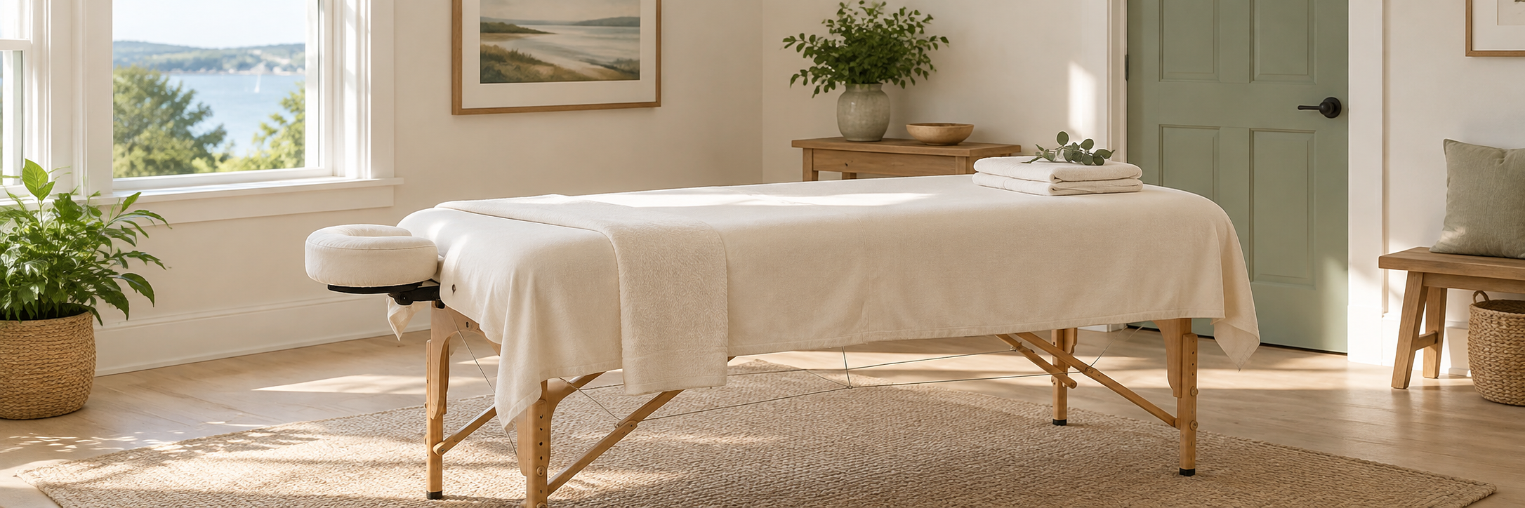 Massage table with fresh linens in a calm, light-filled home setting