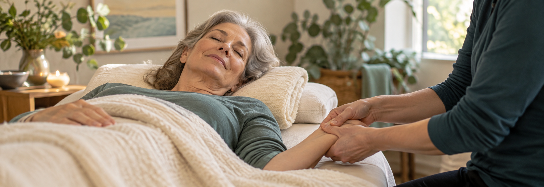 Illustrative scene of an older adult resting comfortably while a practitioner gently supports and massages her hand