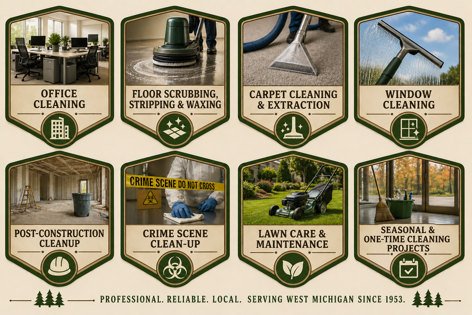 A chart of cleaning services offered by a company, including office cleaning, floor scrubbing, carpet cleaning, window cleaning, post-construction cleanup, crime scene cleanup, lawn care, and seasonal cleaning, with icons and photos representing each service.