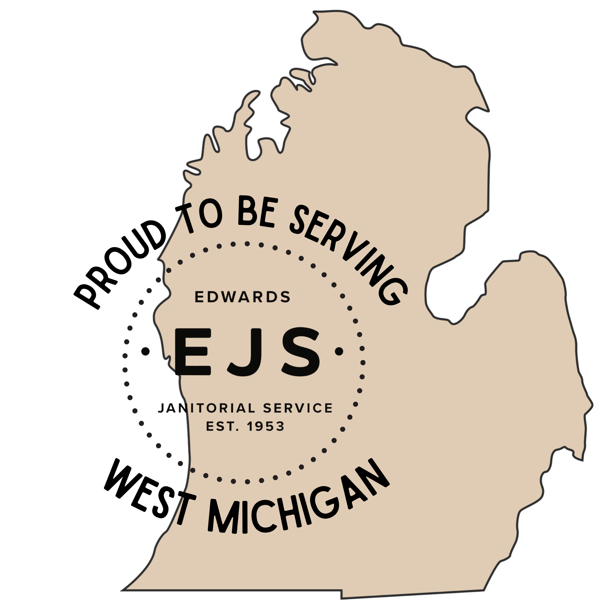 A beige silhouette map of Michigan with text indicating it is part of the United States, including the cities of Edwards and Lansing, with the phrase 'To be serving' and a dotted circle around Michigan.