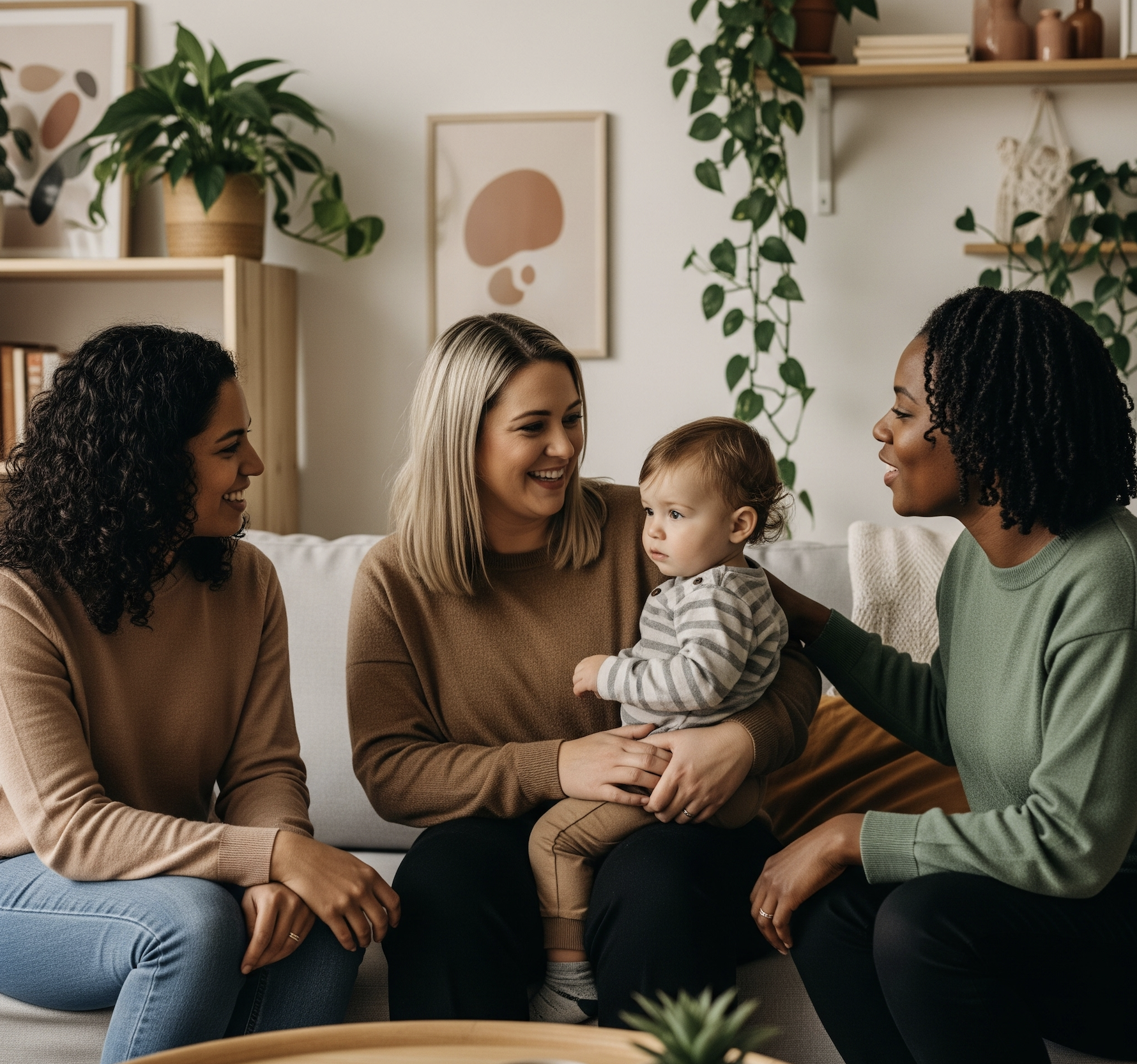 Three women and a young child sitting on a sofa in a cozy, well-decorated living room having a conversation. The women are smiling.