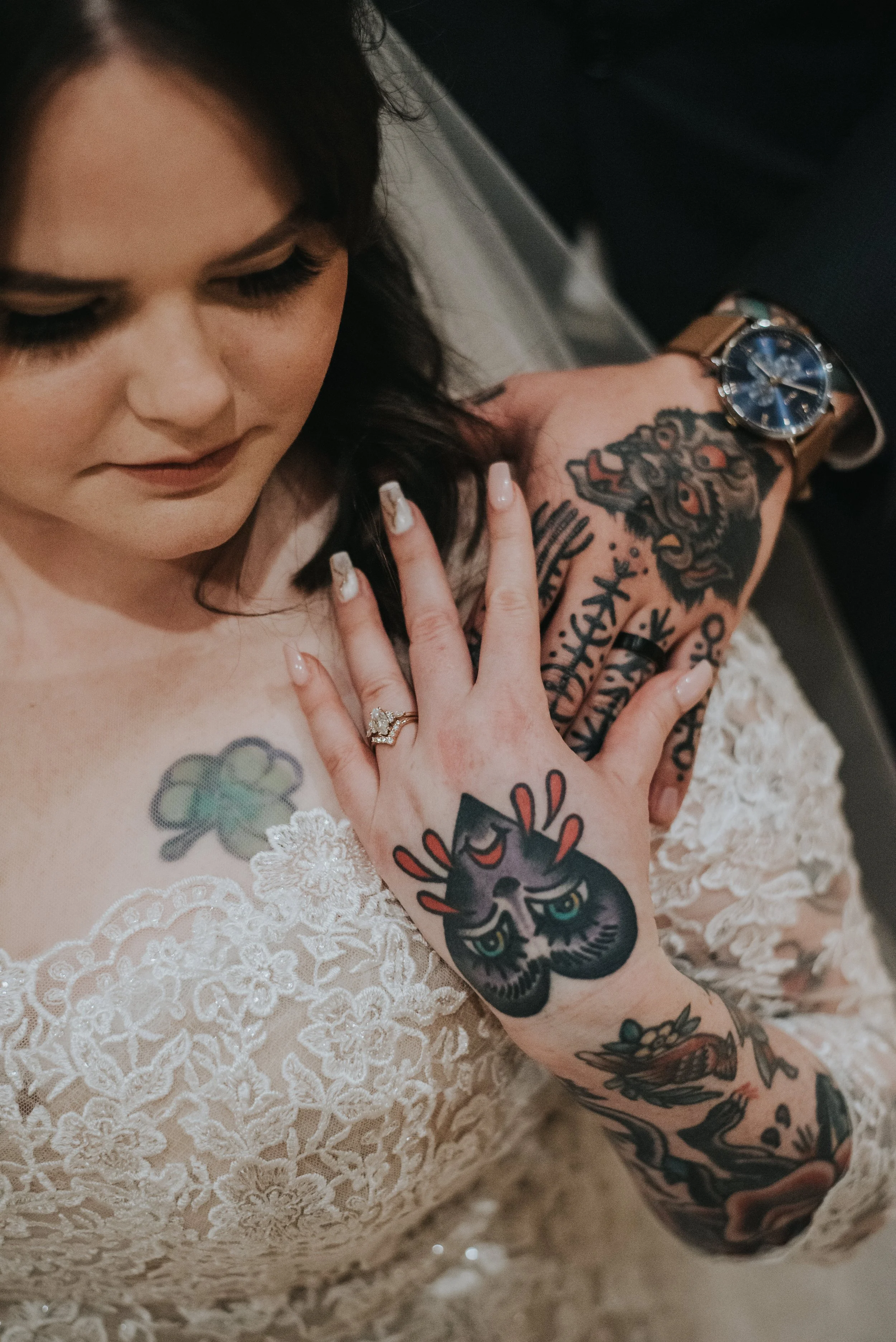 tattooed bride, alternative couple, alternative wedding couples, unique couples, offbeat weddings, tattooed weddings, tattoo, tattoos, love is love, moody wedding photos, edgy wedding, edgy wedding couple