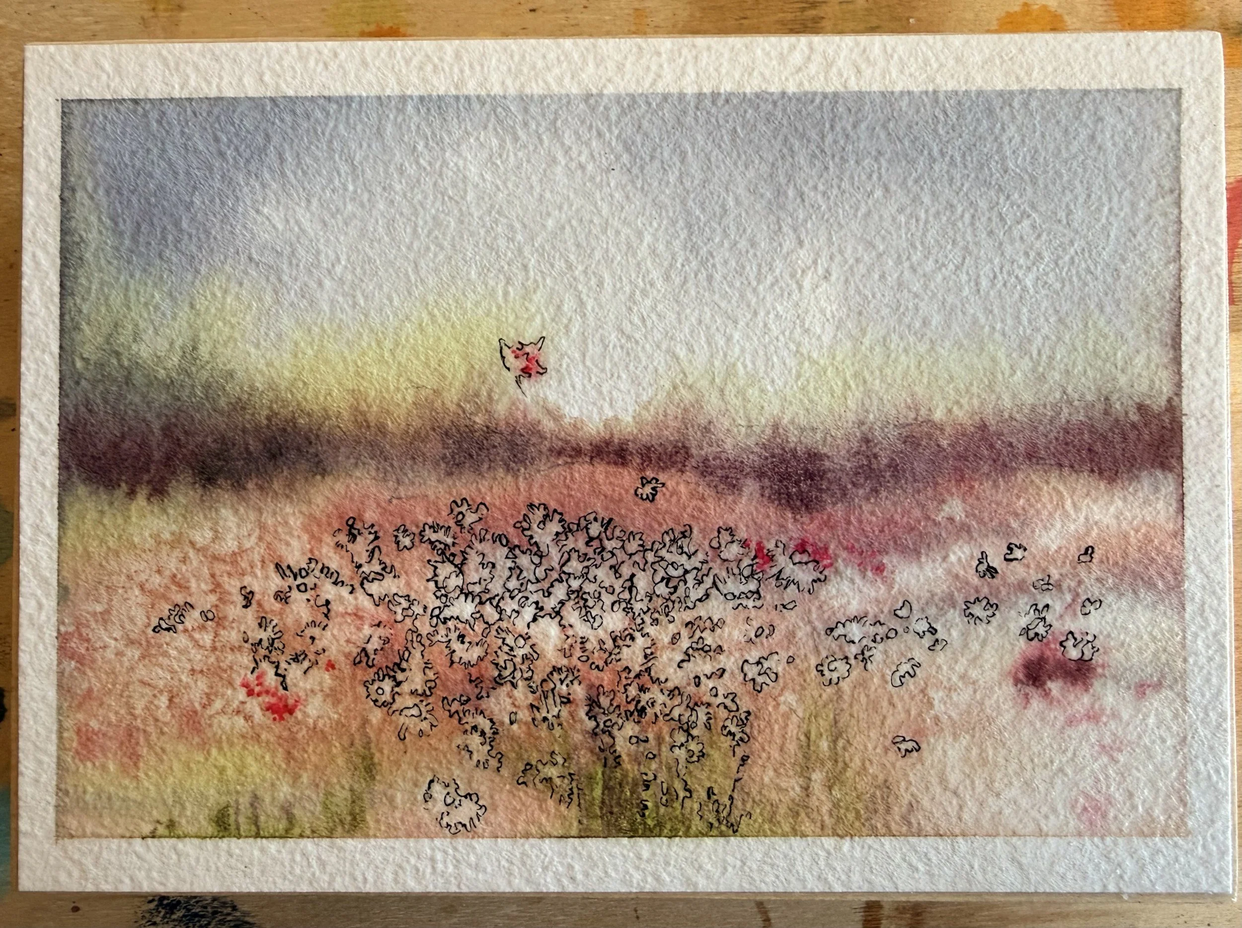 Fields — 5x7" watercolor and ink on cotton paper, mounted on panel, 2024
