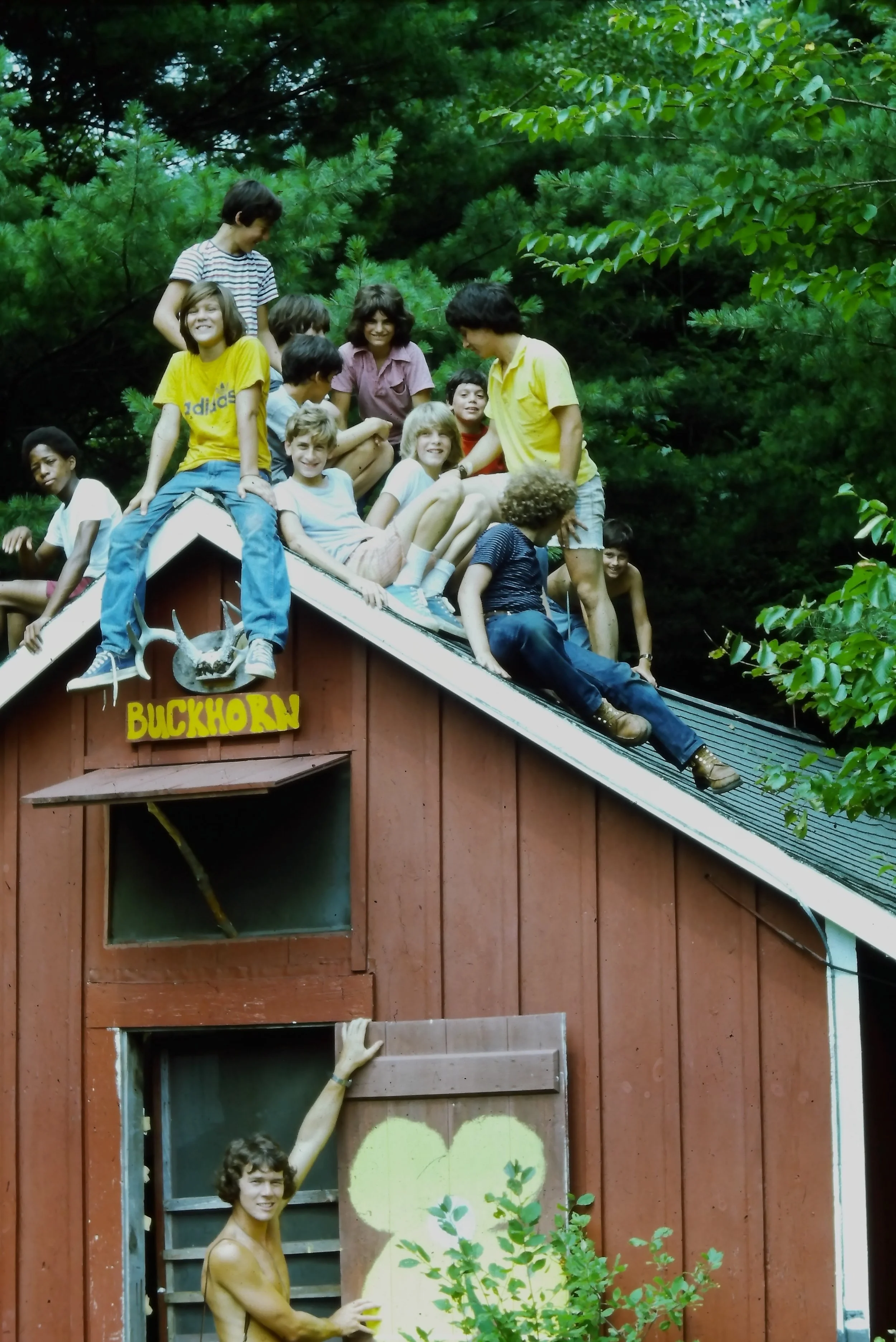 Old photo of campers on a cabin