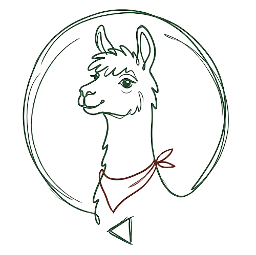 Line drawing of llama with a bandana inside a circle.