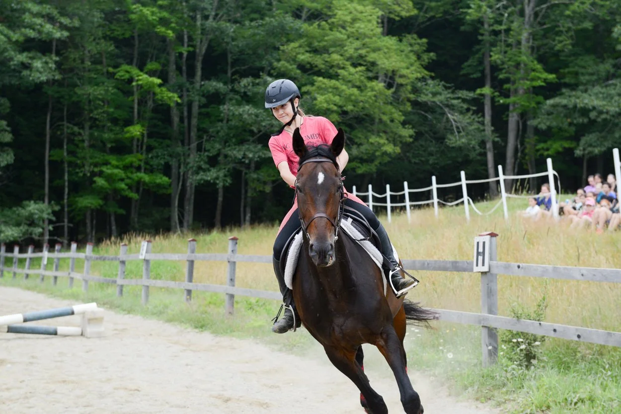 A young woman wearing a pink shirt and black helmet riding a brown horse on a dirt track, with a forest in the background and spectators sitting along the fence.