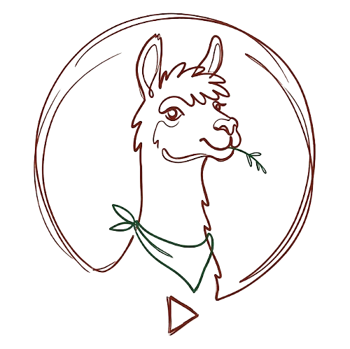 Line art illustration of a llama with a leaf in its mouth, wearing a bandana, inside a circular border.
