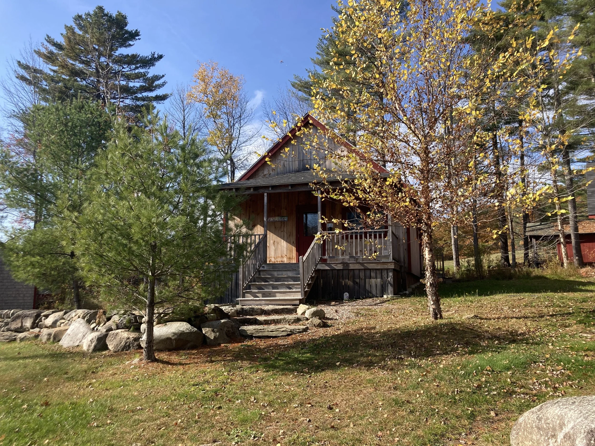 A rustic wooden house with a small front porch, stairs, surrounded by trees with autumn leaves, rocks, and a grassy yard under a blue sky.
