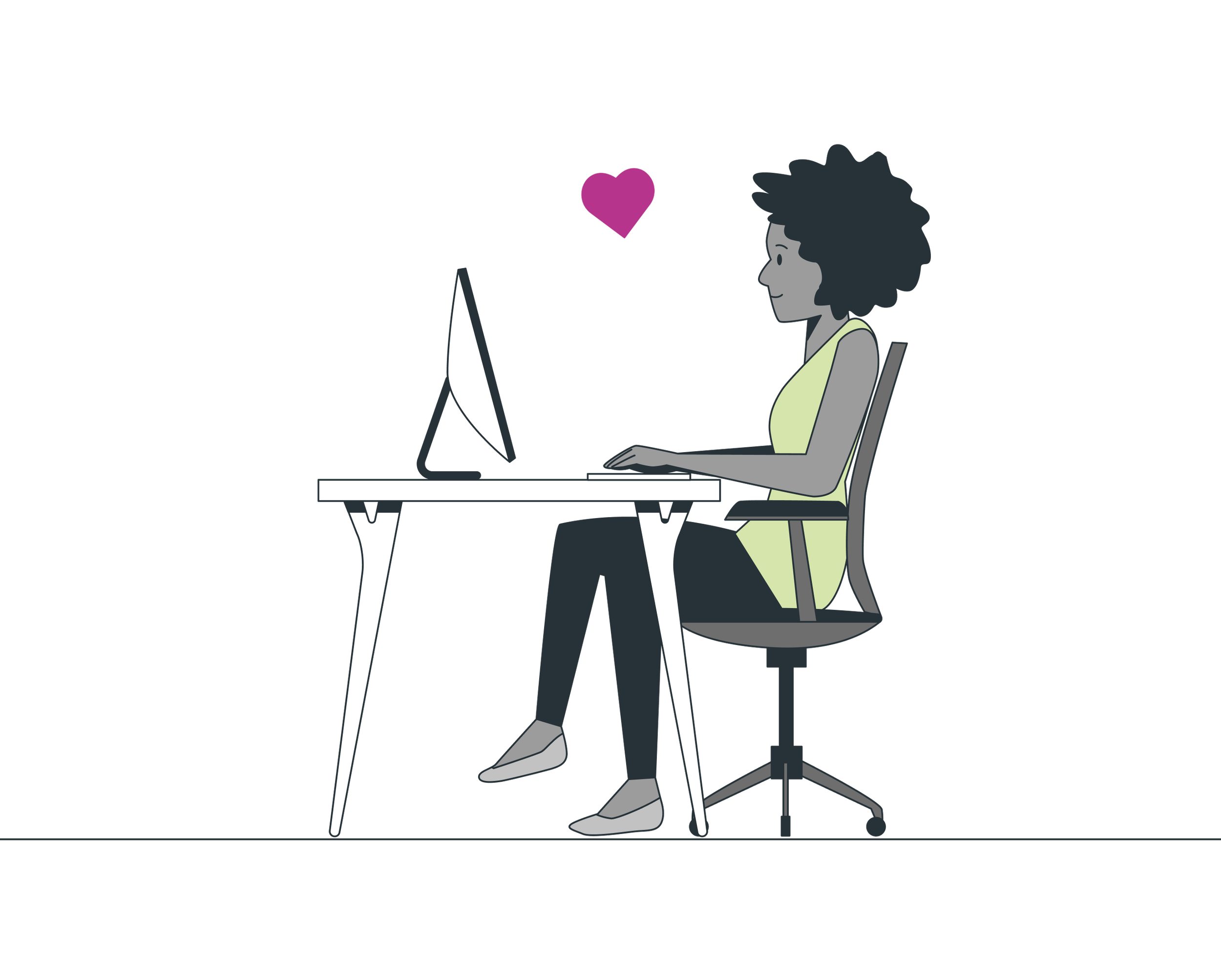 Illustration: Frau sitzt arbeitend am Schreibtisch, zwischen ihr und ihrem Computer ist ein Herz zu sehen