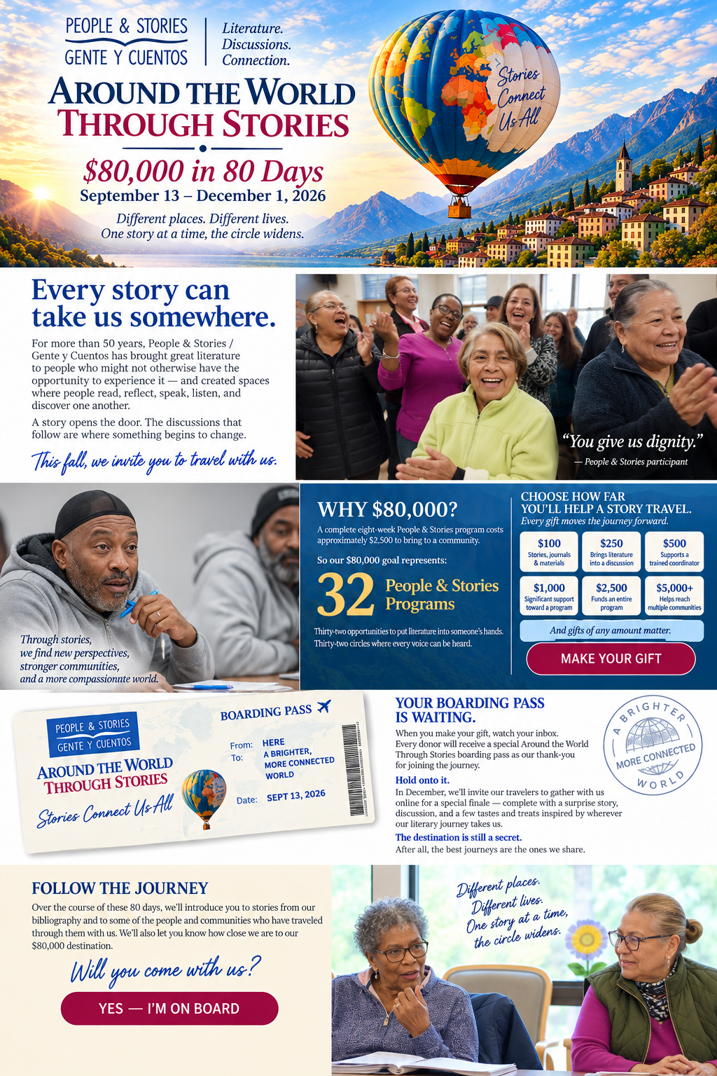 Around the World Through Stories: People & Stories' $80,000 in 80 Days annual appeal, supporting 32 eight-week literature and discussion programs.