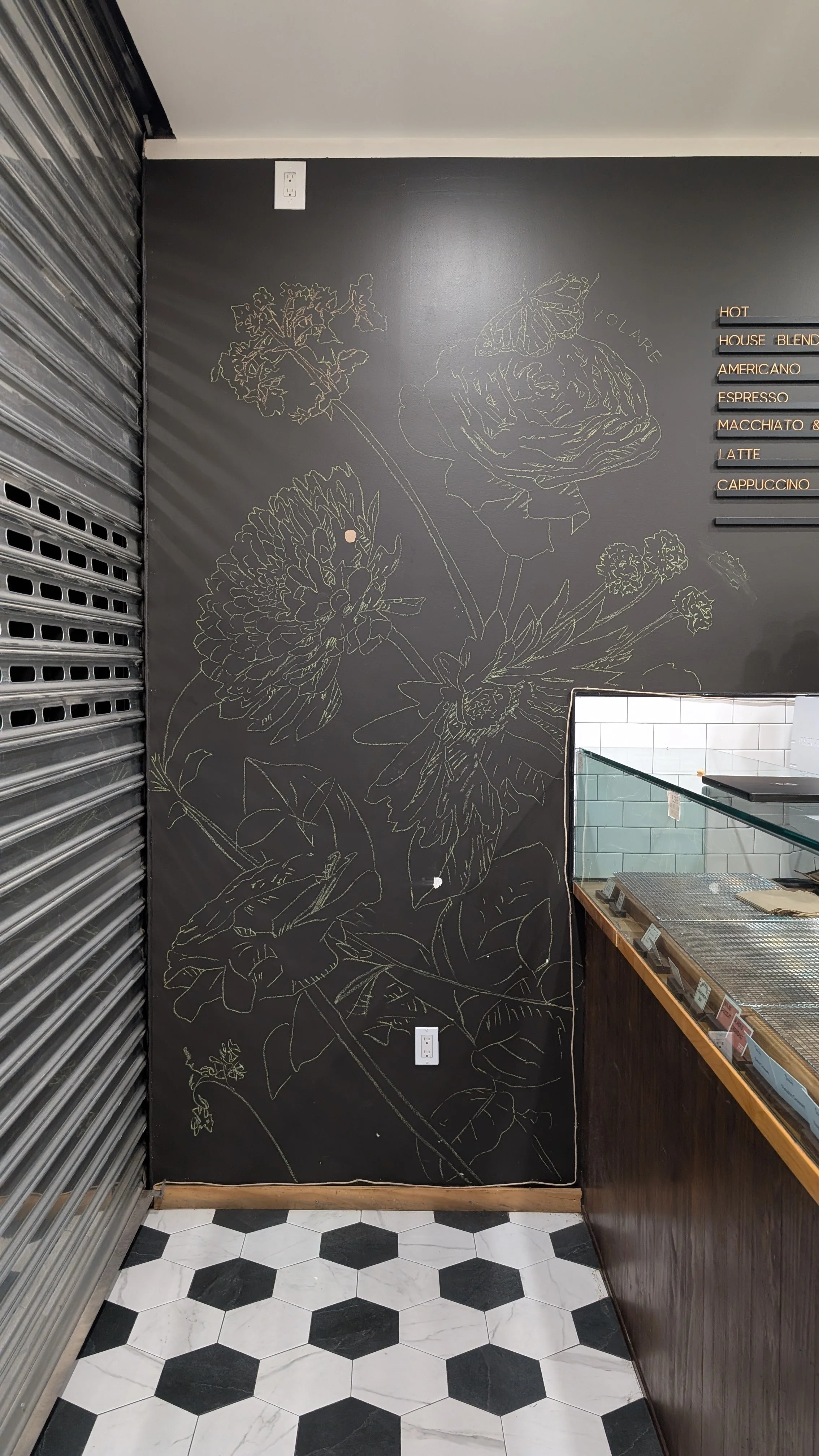 Image of Chalked up botanical mural design on black wall