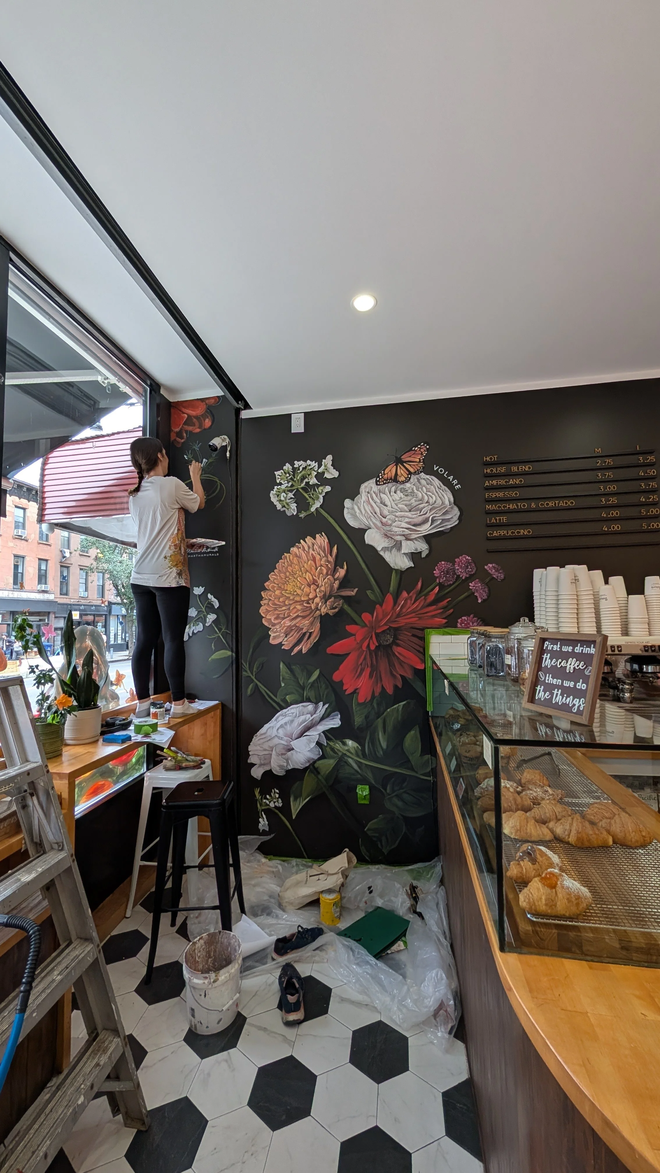 Process from Sketch to Final -Floral Mural for a Brooklyn Café 