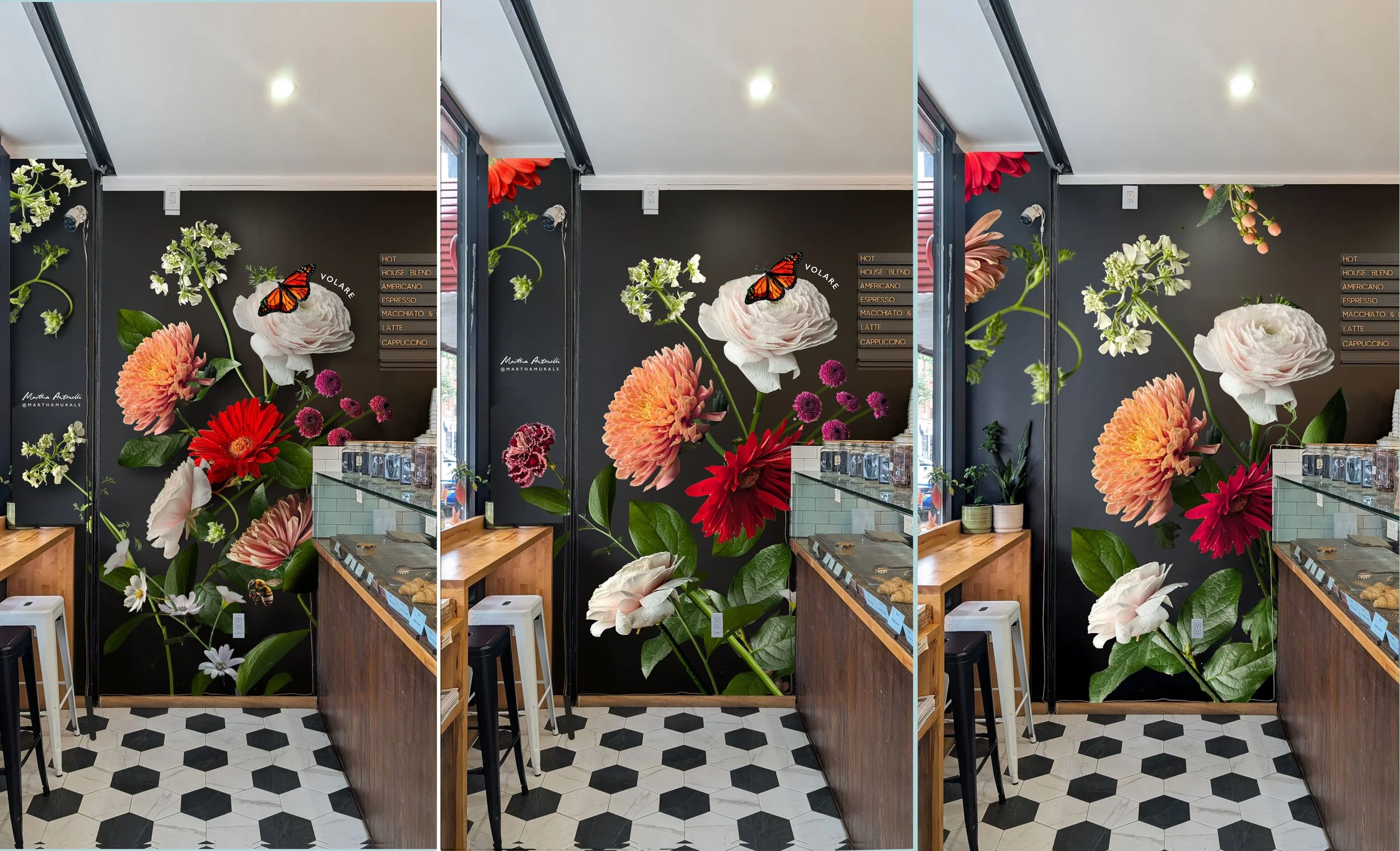 Collages of flowers on Park Slope Cafe Wall