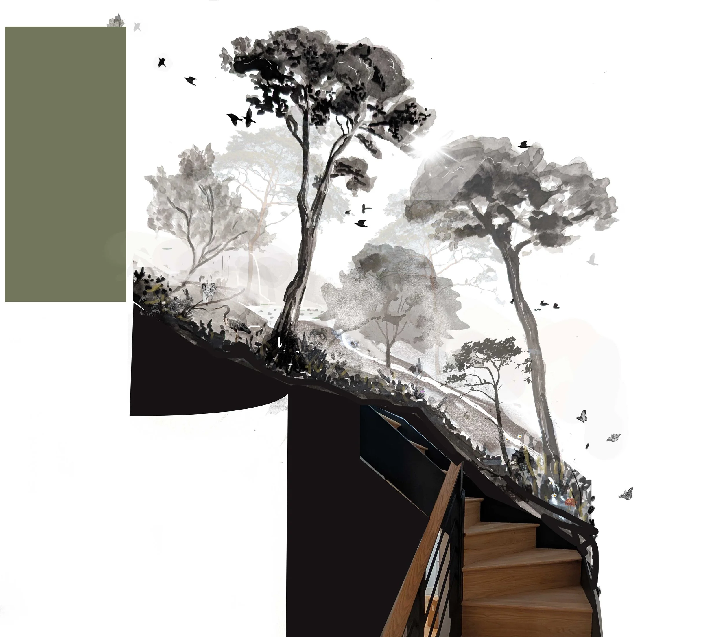 Custom hand-painted staircase mural in Prospect Heights Brooklyn by NYC mural artist Martha Antonelli