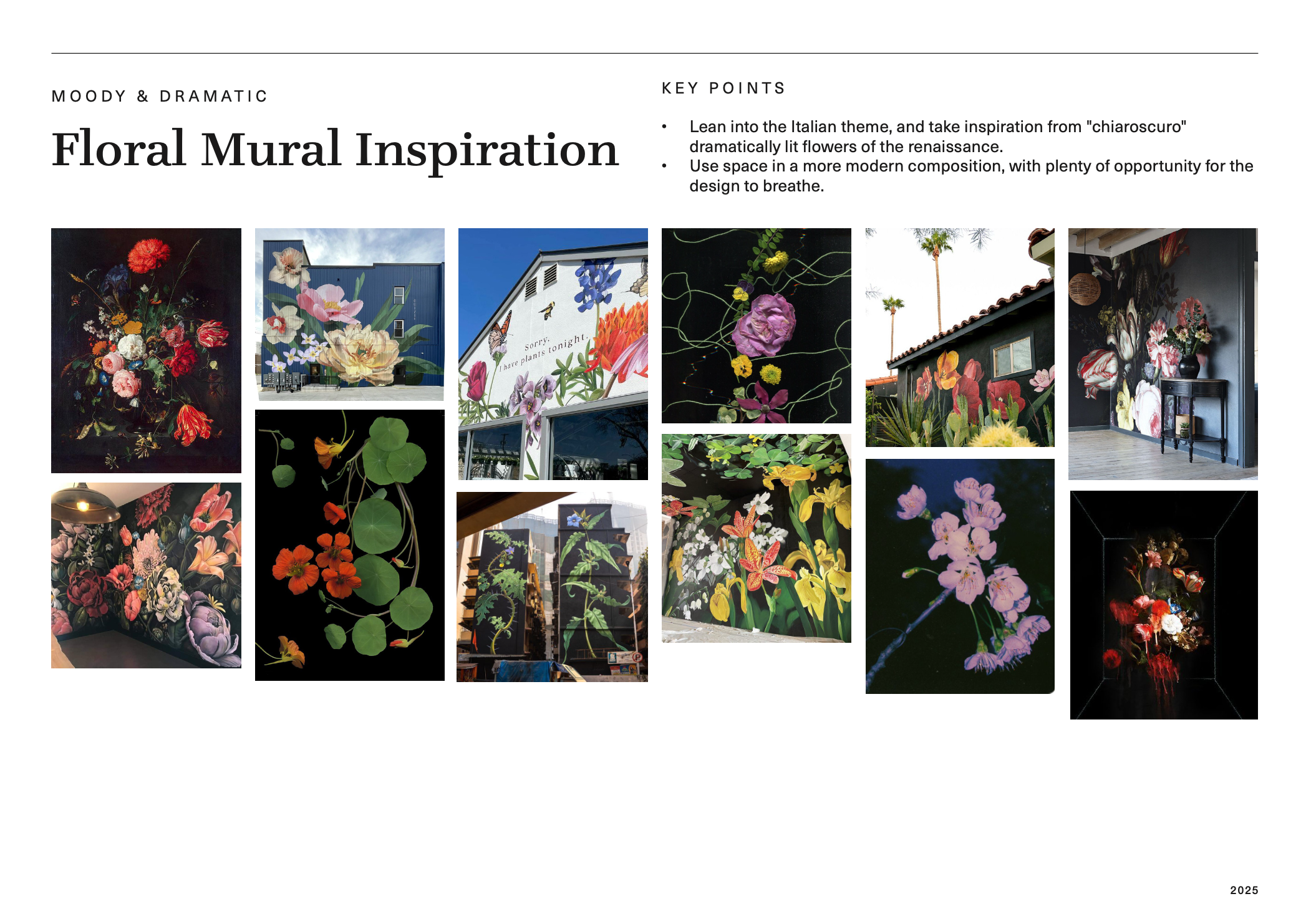 Mood Board of Floral Murals in Businesses and Italian traditional artwork