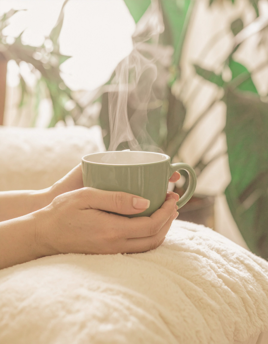 Person holding a warm, steaming mug while resting under a soft blanket.