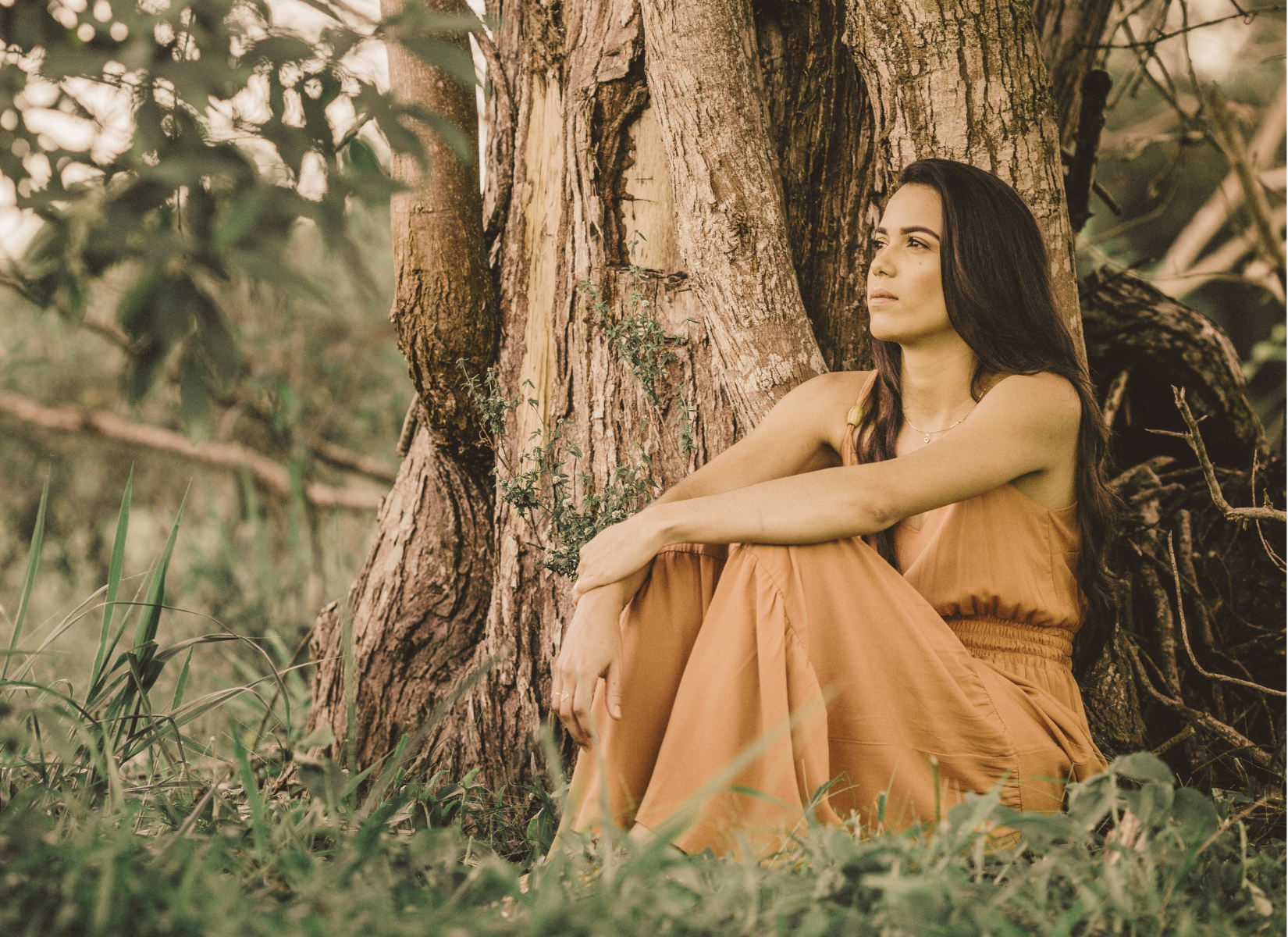 Person sitting beneath a tree and looking thoughtfully into the distance