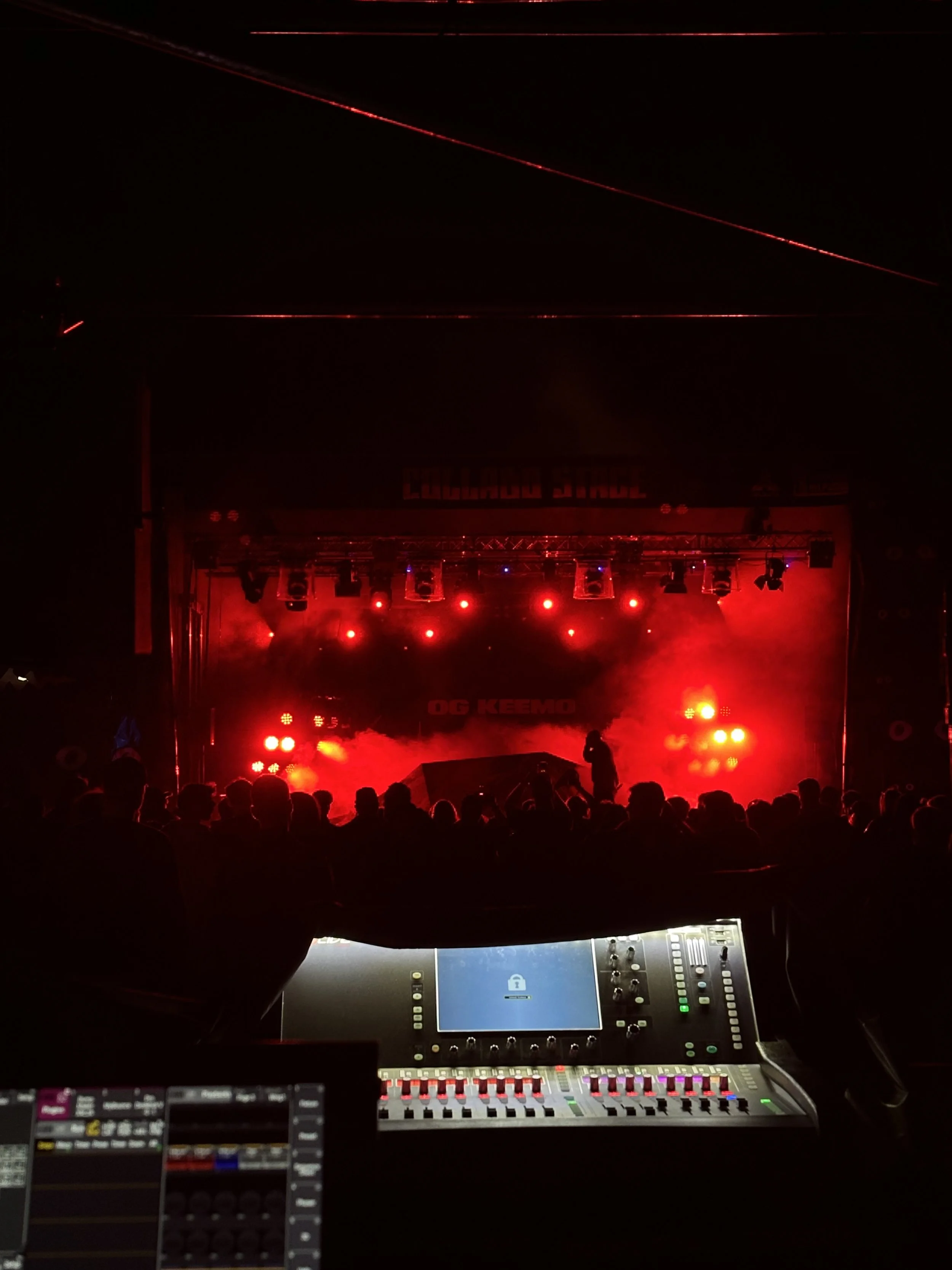 Menschen feiern auf einem Konzert mit roter Beleuchtung