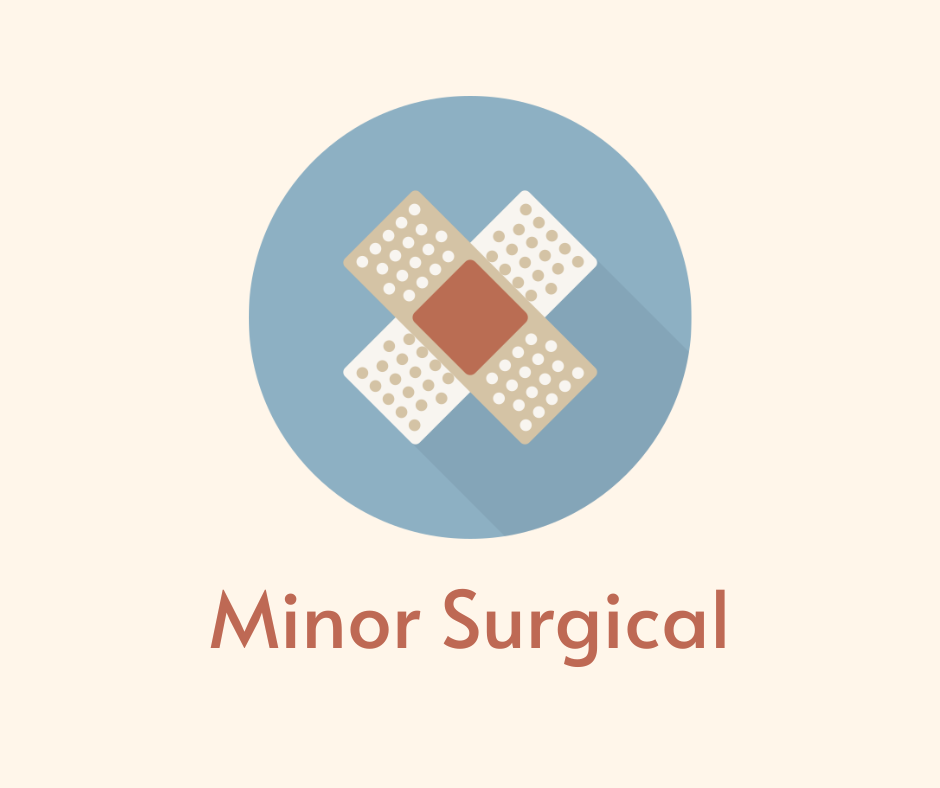An illustration of four adhesive bandages crossing over each other with a square bandage in the center, against a blue circular background. Below, the text reads "Minor Surgical" in brown.