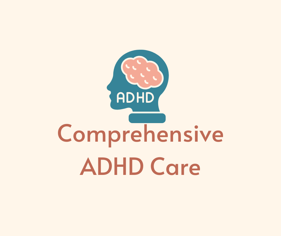 Logo featuring a human head silhouette with a brain inside, labeled 'ADHD,' and text reading 'Comprehensive ADHD Care.'