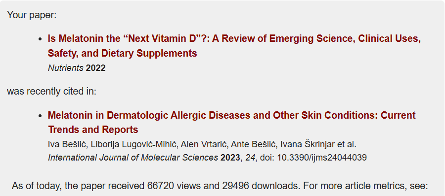 Screenshot of a scientific research citation list showing two articles, one titled 'Is Melatonin the