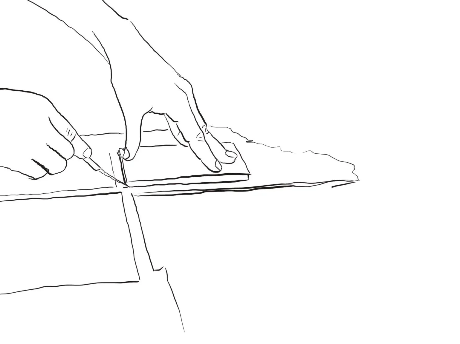 Linienzeichnung einer Hand, die frischen Ton zuschneidet.