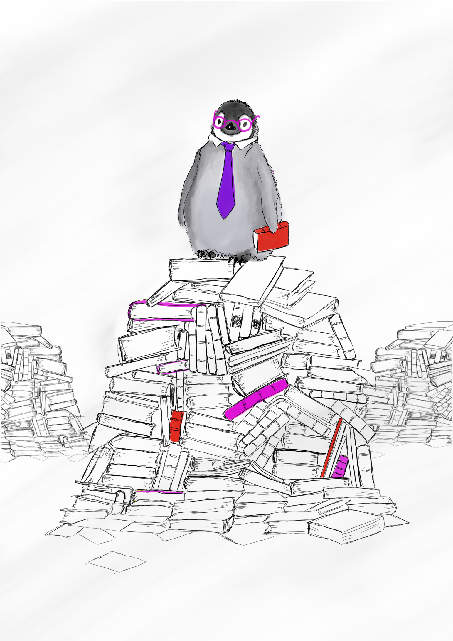 Ein Pinguin in Businesskleidung mit pinken Brillen, einer roten Aktentasche und einem blauen Schlips steht auf einem hohen Stapel Bücher, umgeben von weiteren Büchern.