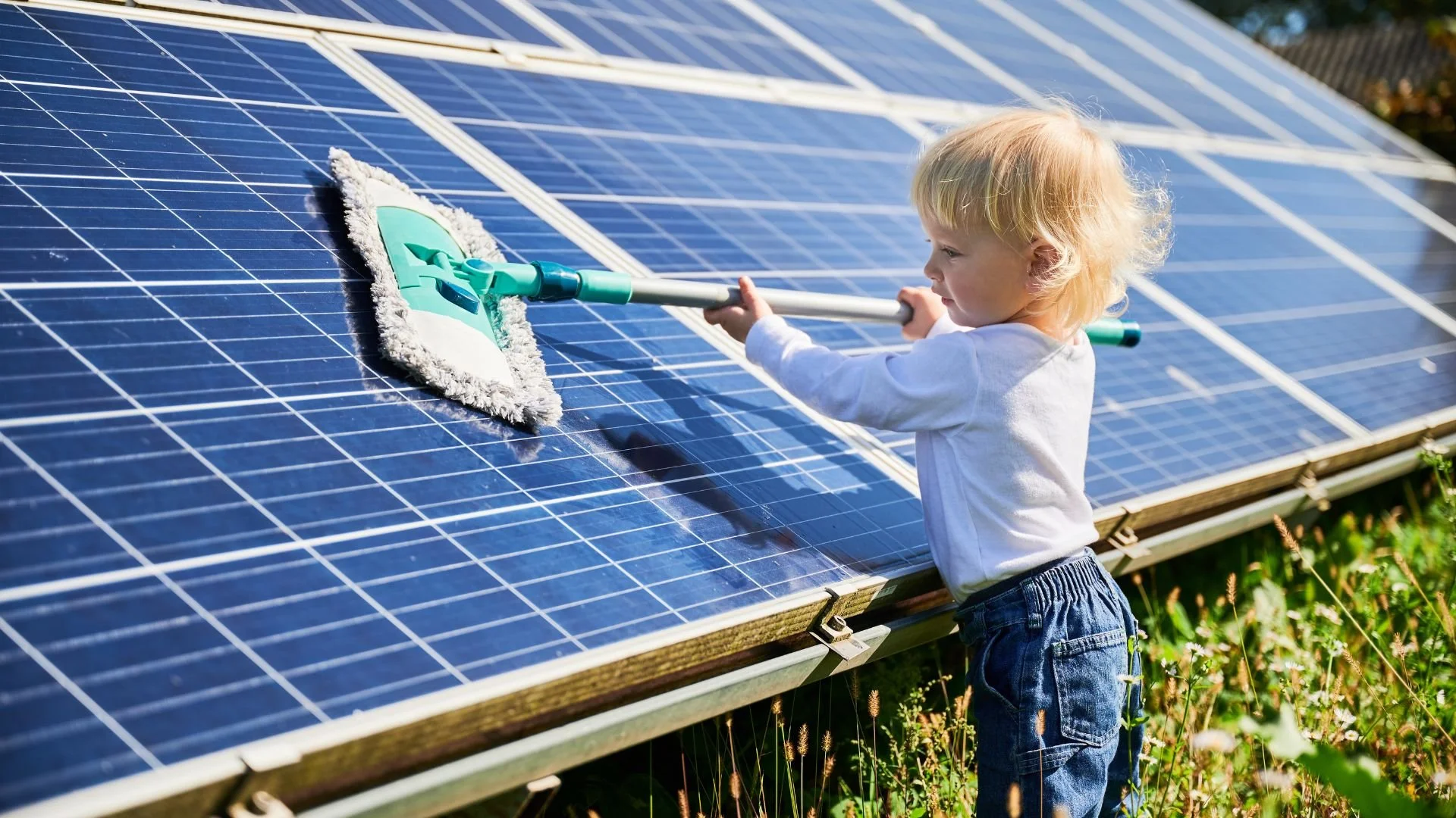 Child cleaning solar panels with a mop outdoors.