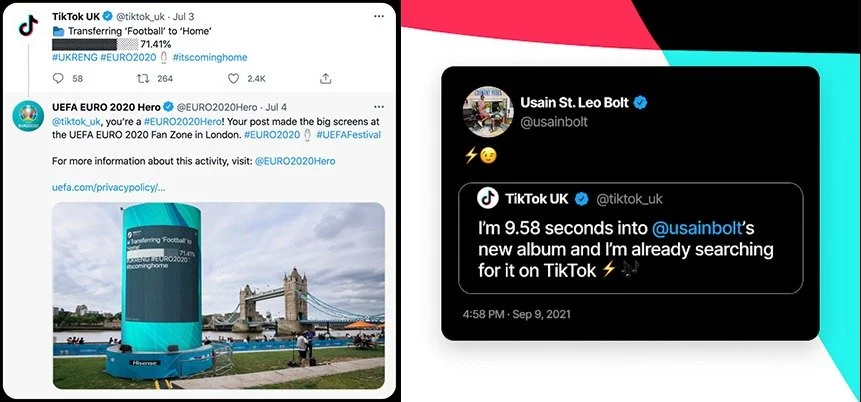 A collage of three screenshots from social media posts. The first shows a TikTok post about transferring football to 'Home' with a screenshot of a large digital display at the UEFA Euro 2020 Fan Zone in London. The second is a tweet from UEFA Euro 20