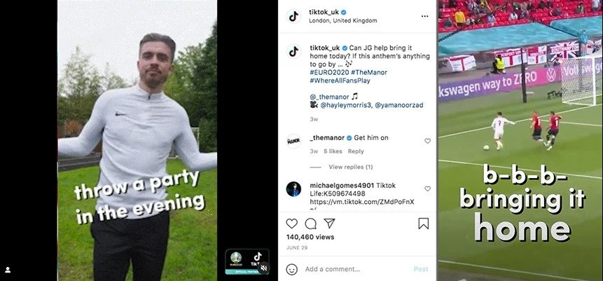 Side-by-side screenshots of TikTok videos. The left shows a man in a white long-sleeve shirt and dark pants standing outdoors with trees in the background, with text saying "throw a party in the evening." The right shows a soccer game with players on